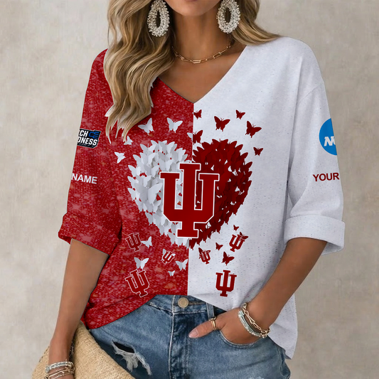 LIMITED EDITION - NEW CUSTOMIZED NCAA MAM03 IDH INDIANA HOOSIERS WOMEN'S HEART V-NECK LONG SLEEVE SHIRT