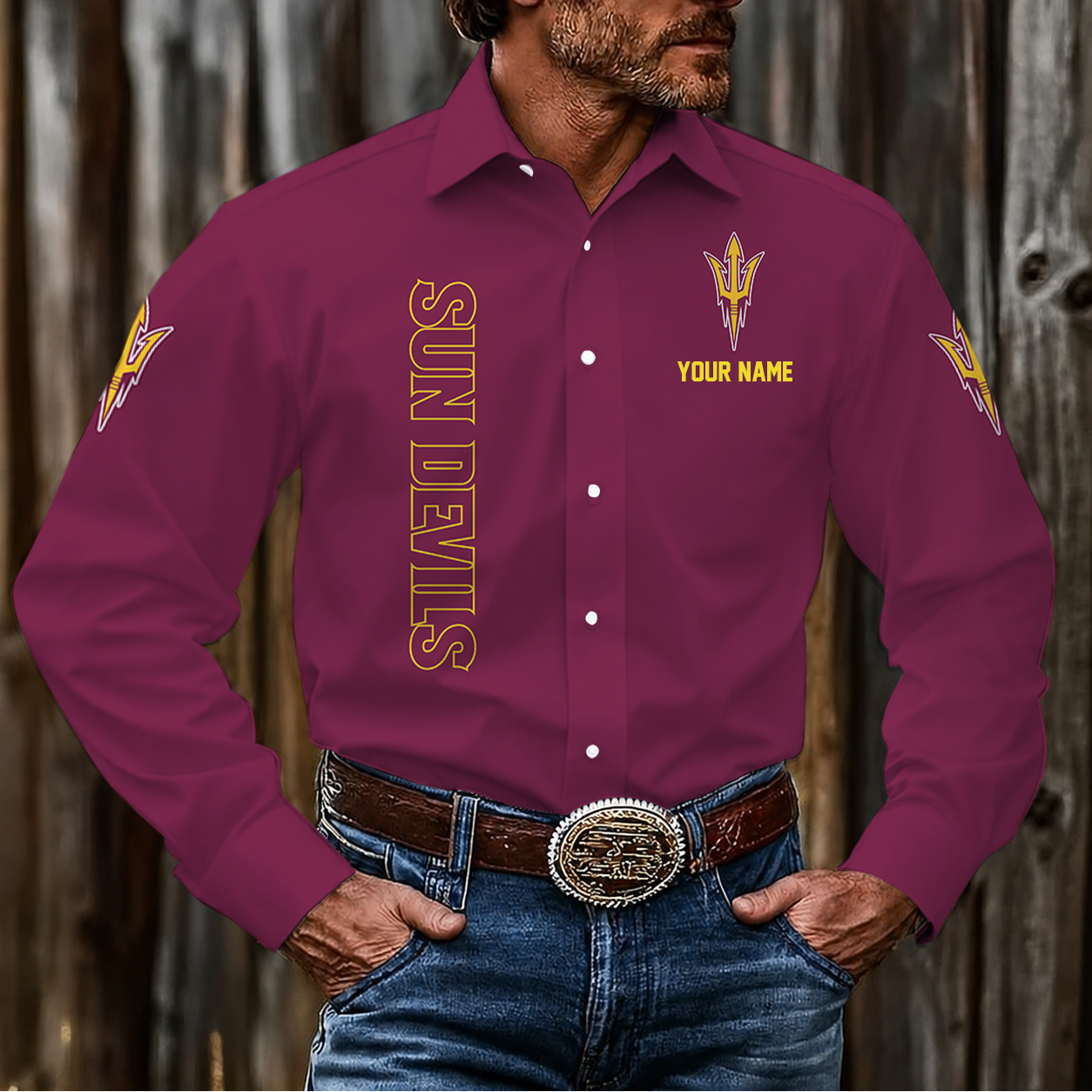 LIMITED EDITION - NEW CUSTOMIZED NCAA FBS04 ASS ARIZONA STATE SUN DEVILS MEN'S LONG SLEEVE BUTTON-UP SHIRT