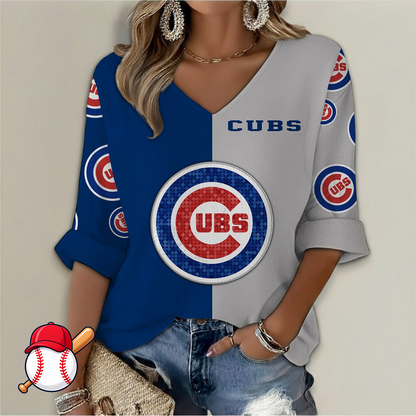 LIMITED EDITION - NEW CUSTOMIZED MLB04 CCS CHICAGO CUBS WOMEN'S V-NECK LONG SLEEVE SHIRT