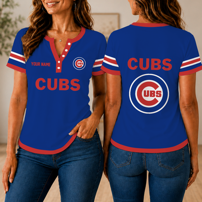 SPECIAL EDITION - NEW CUSTOMIZED MLB04 CCS CHICAGO CUBS WOMEN'S SHORT SLEEVE HENLEY T-SHIRT