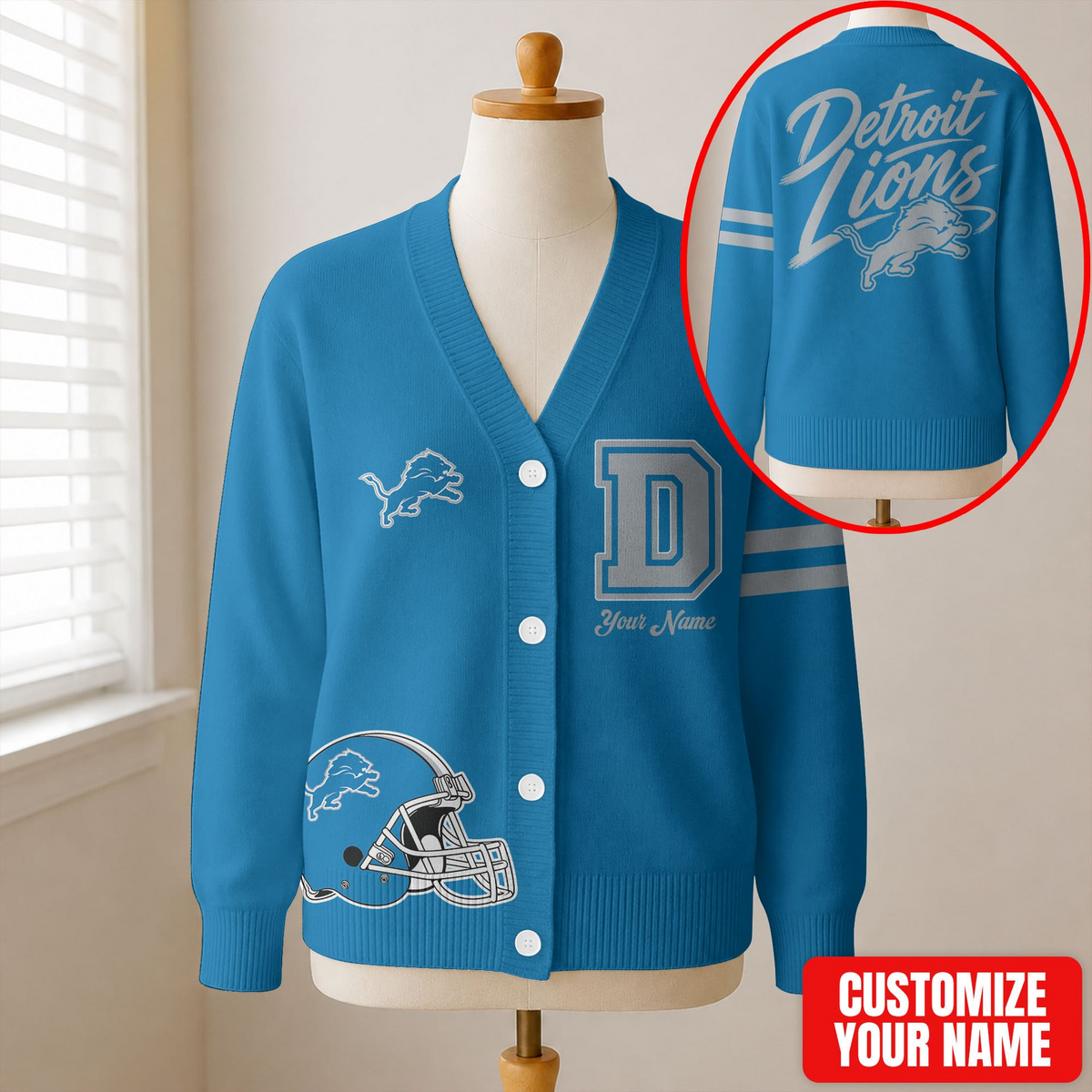 EXCLUSIVE EDITION - NEW CUSTOMIZED NFL04 DTL DETROIT LIONS CARDIGAN