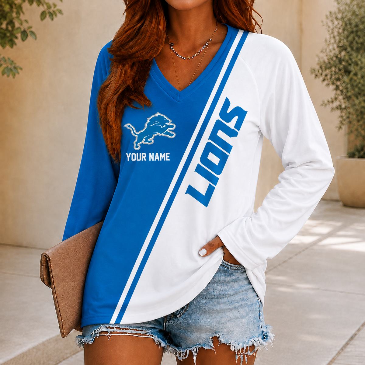 SPECIAL EDITION - NEW CUSTOMIZED NFL04 DTL DETROIT LIONS WOMEN'S V-NECK LONG SLEEVED SHIRT
