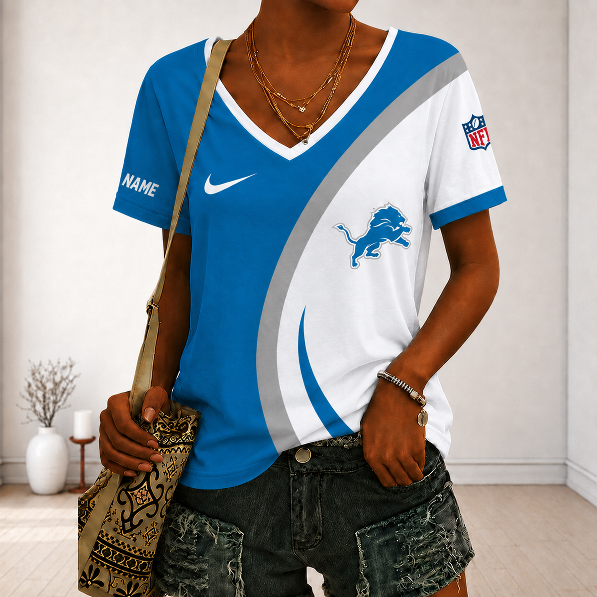 SPECIAL EDITION - NEW CUSTOMIZED NFL04 DTL DETROIT LIONS V-NECK FEMALE SHIRT