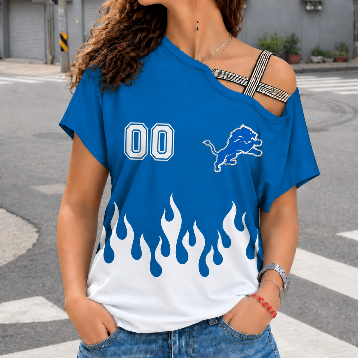 LIMITED EDITION - NEW CUSTOMIZED NFL04 DTL DETROIT LIONS WOMEN'S SHOULDER SHIRT