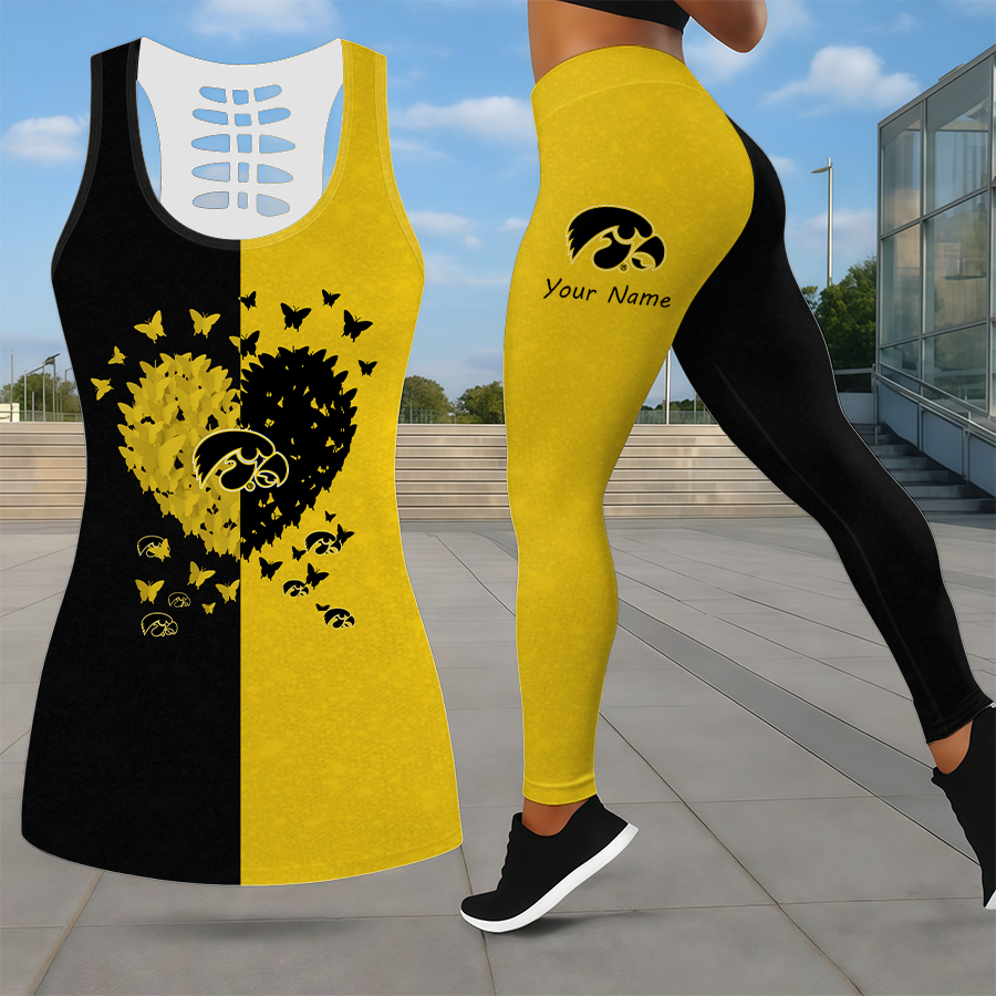 LIMITED EDITION - NEW CUSTOMIZED NCAA CFH04 IWH IOWA HAWKEYES LEGGINGS & HOLLOW TANK TOP SET