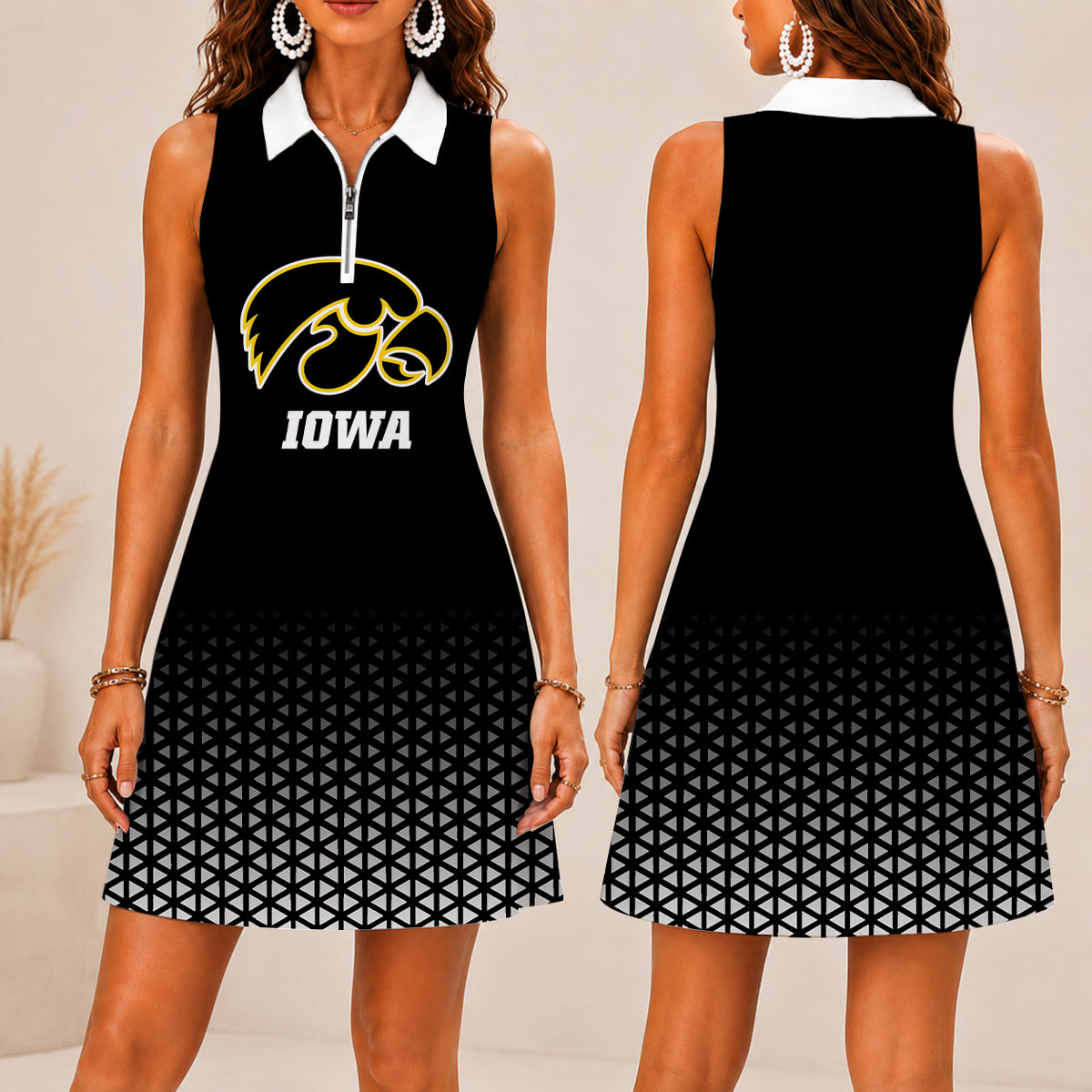 ELITE EDITION - NEW CUSTOMIZED | NCAA CFH04 IWH IOWA HAWKEYES WOMEN'S ZIP SLEEVELESS POLO DRESS