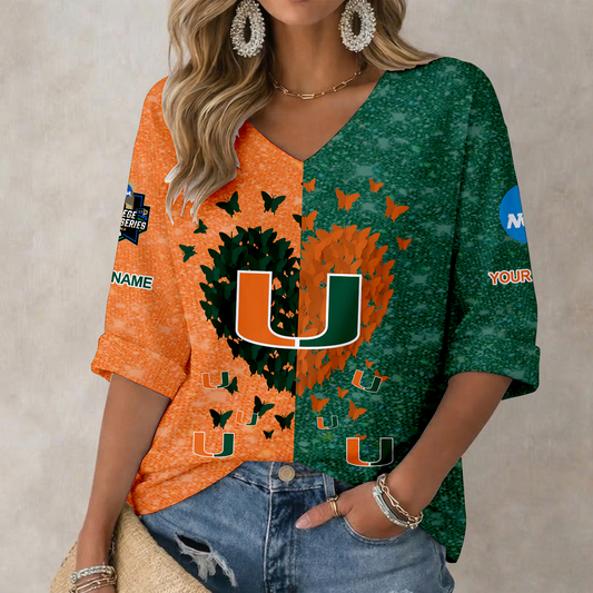 LIMITED DROP - NEW CUSTOMIZED | NCAA CWS04 MIH MIAMI HURRICANES WOMEN'S HEART V-NECK LONG SLEEVE SHIRT