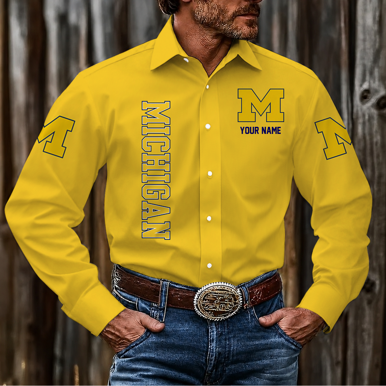 LIMITED EDITION - NEW CUSTOMIZED NCAA MFF04 MIW MICHIGAN WOLVERINES MEN'S LONG SLEEVE BUTTON-UP SHIRT