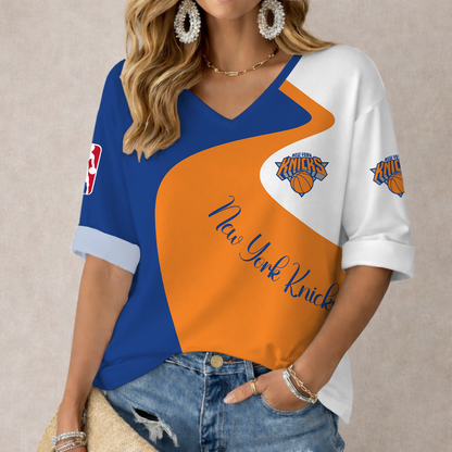 LIMITED EDITION - NEW CUSTOMIZED NBA04 NYK NEW YORK KNICKS WOMEN'S V-NECK LONG SLEEVE SHIRT