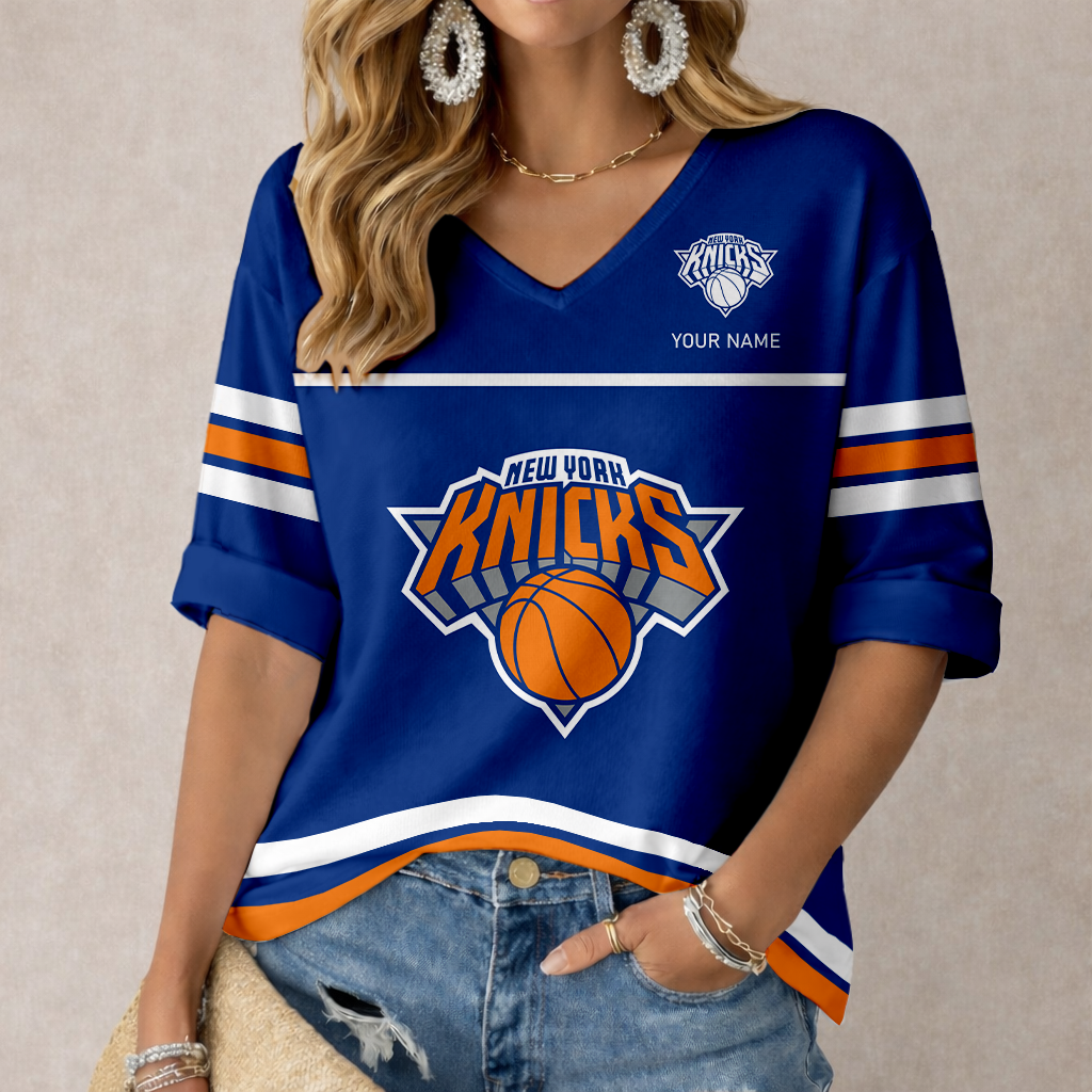 FINAL SALE - NEW CUSTOMIZED NBA04 NYK NEW YORK KNICKS WOMEN'S HEART V-NECK LONG SLEEVE SHIRT