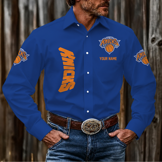 FINAL SALE - NEW CUSTOMIZED NBA04 NYK NEW YORK KNICKS MEN'S LONG SLEEVE BUTTON-UP SHIRT