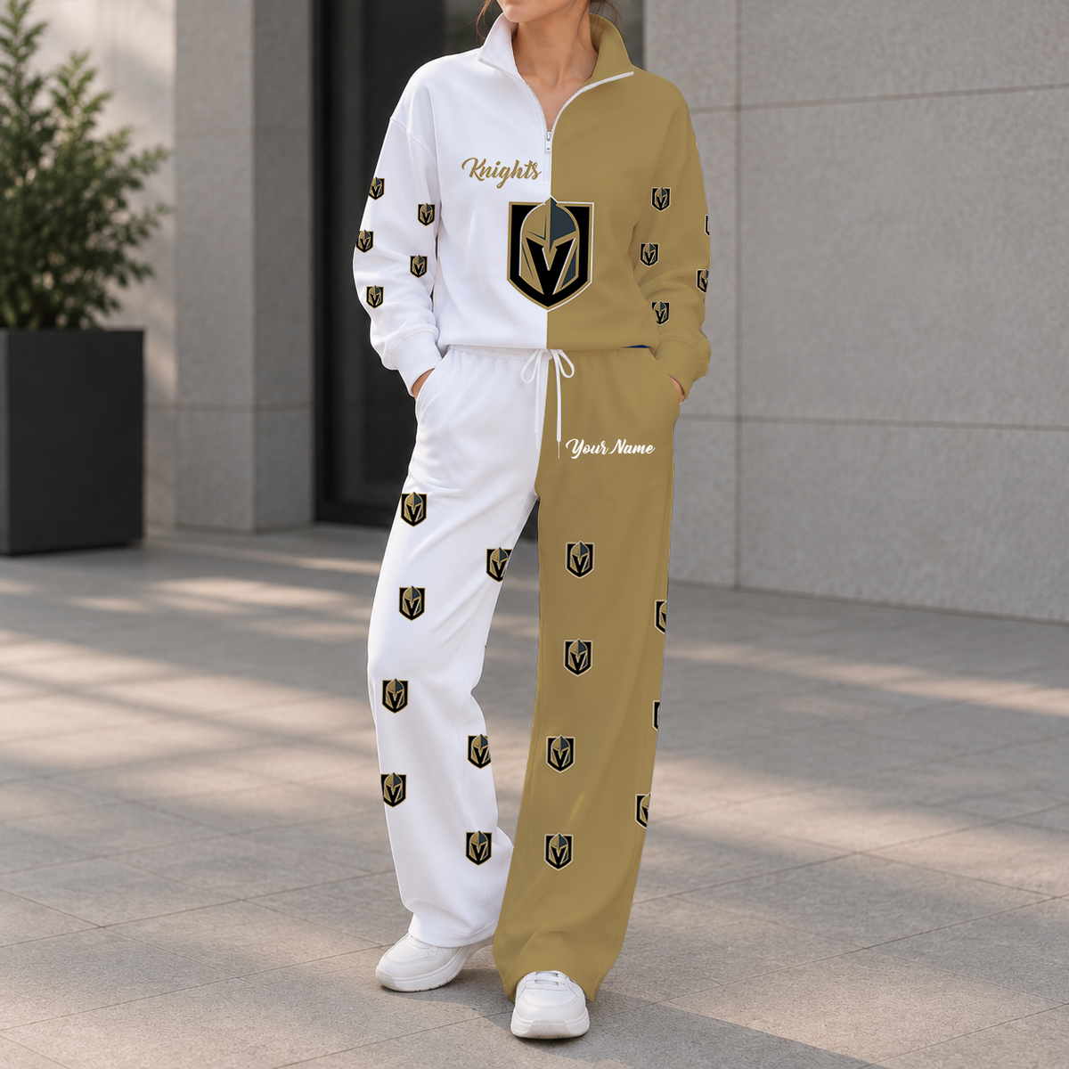 LIMITED EDITION - NEW CUSTOMIZED NHL04 VGK VEGAS GOLDEN KNIGHTS ZIPPER SWEATSHIRT & WIDE LEG PANTS SET