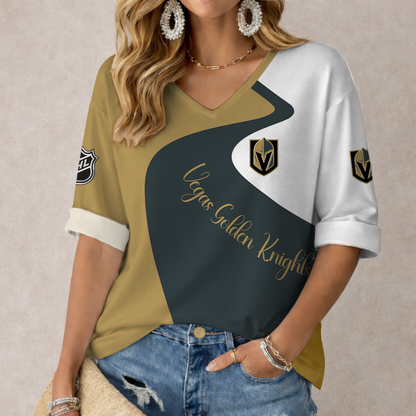 LIMITED EDITION - NEW CUSTOMIZED NHL04 VGK VEGAS GOLDEN KNIGHTS WOMEN'S V-NECK LONG SLEEVE SHIRT