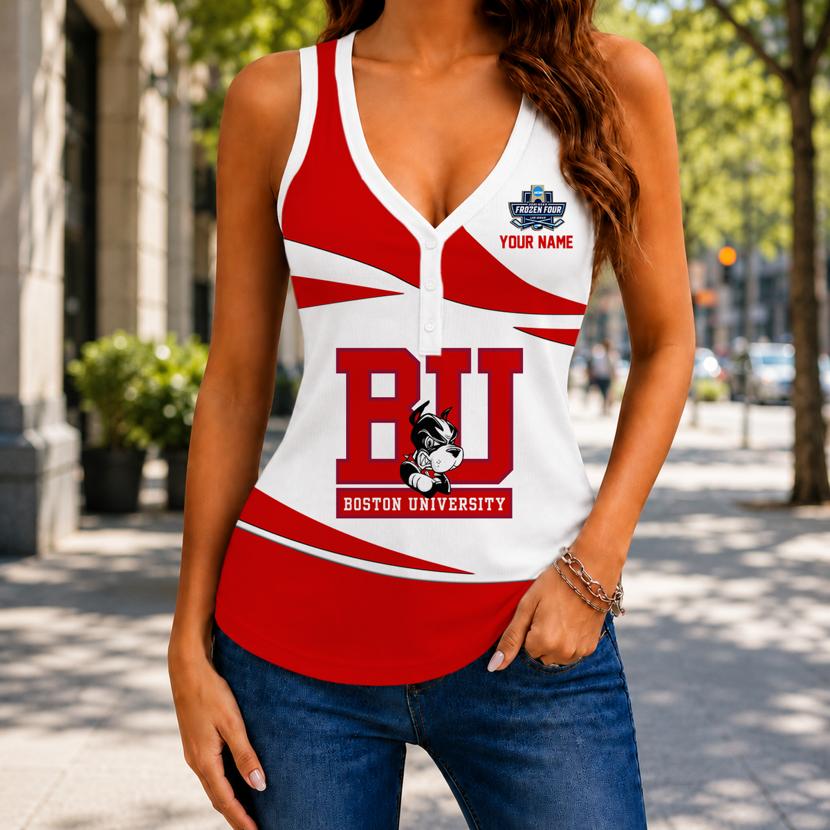 SPECIAL EDITION - NEW CUSTOMIZED NCAA MFF05 BUT BOSTON UNIVERSITY TERRIERS WOMEN'S V-NECK TANK TOP
