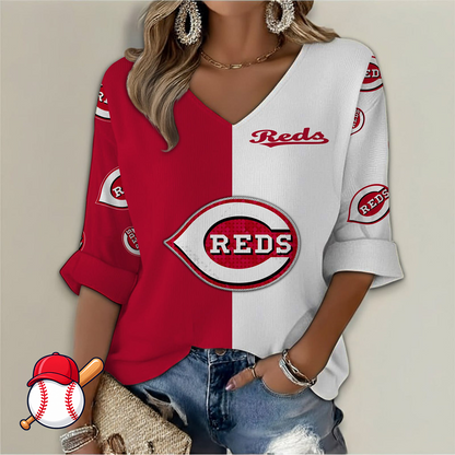 LIMITED EDITION - NEW CUSTOMIZED MLB05 CRS CINCINNATI REDS WOMEN'S V-NECK LONG SLEEVE SHIRT