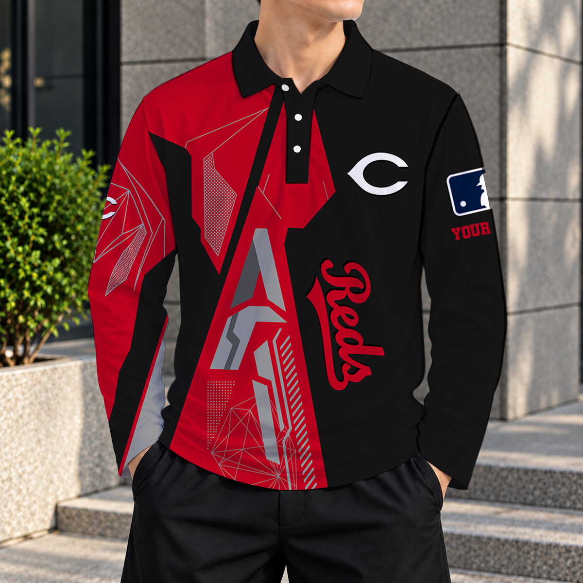 SPECIAL EDITION - NEW CUSTOMIZED MLB05 CRS CINCINNATI REDS MEN'S LONG SLEEVE POLO