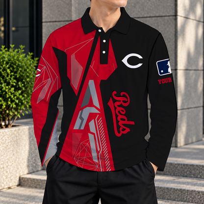 SPECIAL EDITION - NEW CUSTOMIZED MLB05 CRS CINCINNATI REDS MEN'S LONG SLEEVE POLO