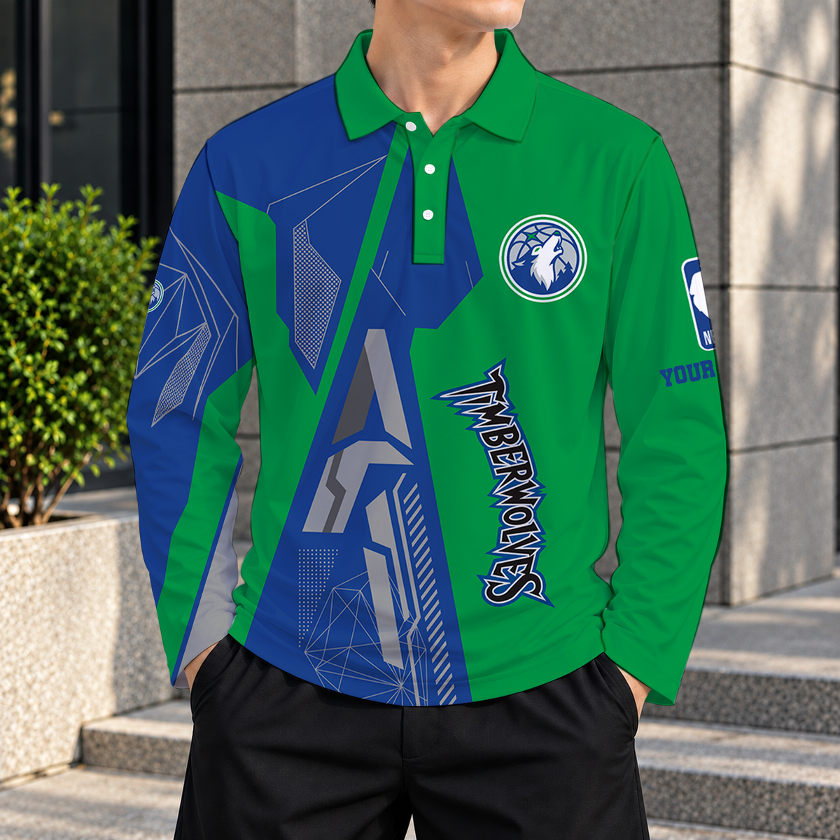 LIMITED EDITION - NEW CUSTOMIZED NBA05 MTW MINNESOTA TIMBERWOLVES MEN'S LONG SLEEVE POLO