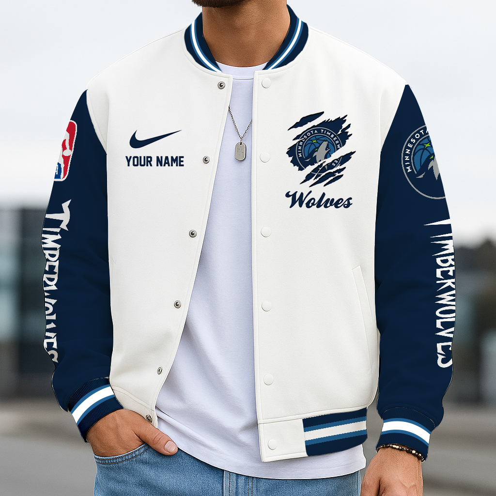 FINAL SALE - NEW CUSTOMIZED NBA05 MTW MIN TIMBERWOLVE BASEBALL JACKET, SATIN VARSITY JACKET