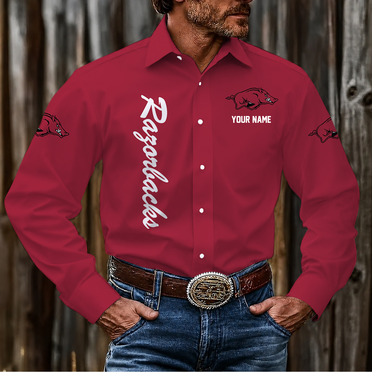EXCLUSIVE EDITION - NEW CUSTOMIZED NCAA MAM06 AKR ARKANSAS RAZORBACKS MEN'S LONG SLEEVE BUTTON-UP SHIRT