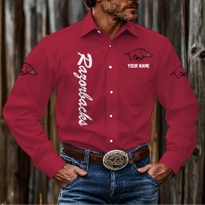 EXCLUSIVE EDITION - NEW CUSTOMIZED NCAA MAM06 AKR ARKANSAS RAZORBACKS MEN'S LONG SLEEVE BUTTON-UP SHIRT