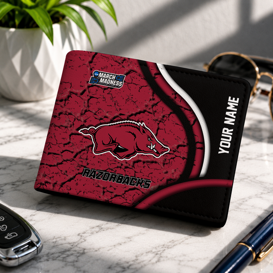 FINAL CLEARANCE - NEW CUSTOMIZED NCAA MAM06 AKR ARKANSAS RAZORBACKS LEATHER WALLET
