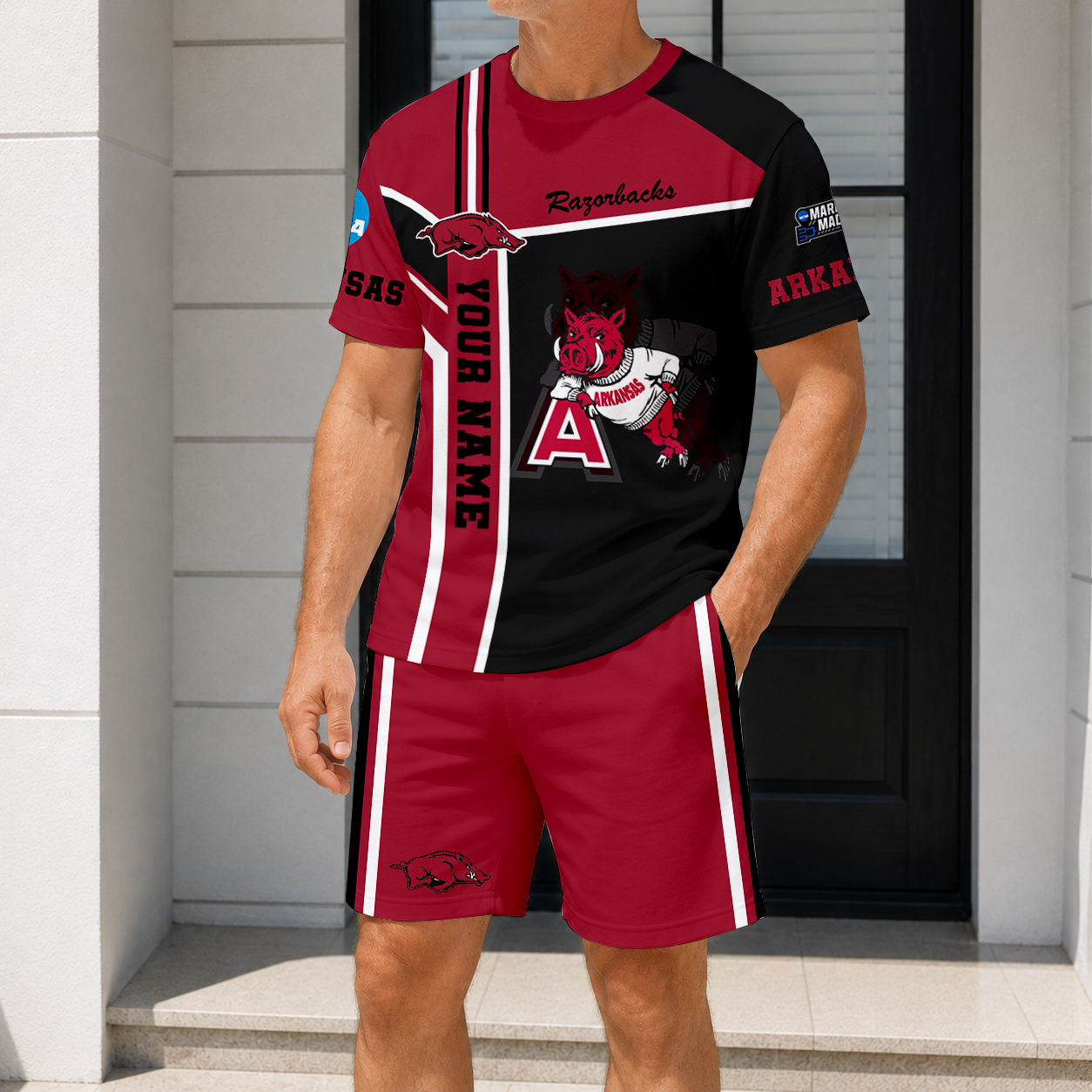 ELITE EDITION - NEW CUSTOMIZED NCAA MAM06 AKR ARKANSAS RAZORBACKS T-SHIRT & SHORT PANTS SET
