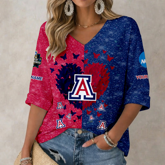 LIMITED DROP - NEW CUSTOMIZED | NCAA CWS06 ARW ARIZONA WILDCATS WOMEN'S HEART V-NECK LONG SLEEVE SHIRT