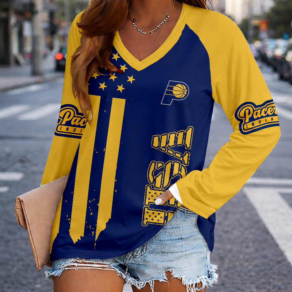 FINAL SALE - NEW CUSTOMIZED NBA06 IPA INDIANA PACERS WOMEN'S V-NECK LONG SLEEVED SHIRT