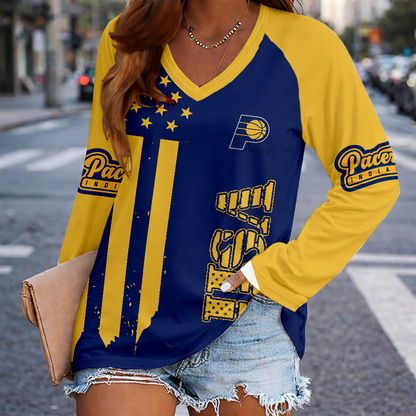 FINAL SALE - NEW CUSTOMIZED NBA06 IPA INDIANA PACERS WOMEN'S V-NECK LONG SLEEVED SHIRT