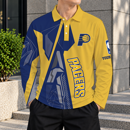 LIMITED EDITION - NEW CUSTOMIZED NBA06 IPA INDIANA PACERS MEN'S LONG SLEEVE POLO