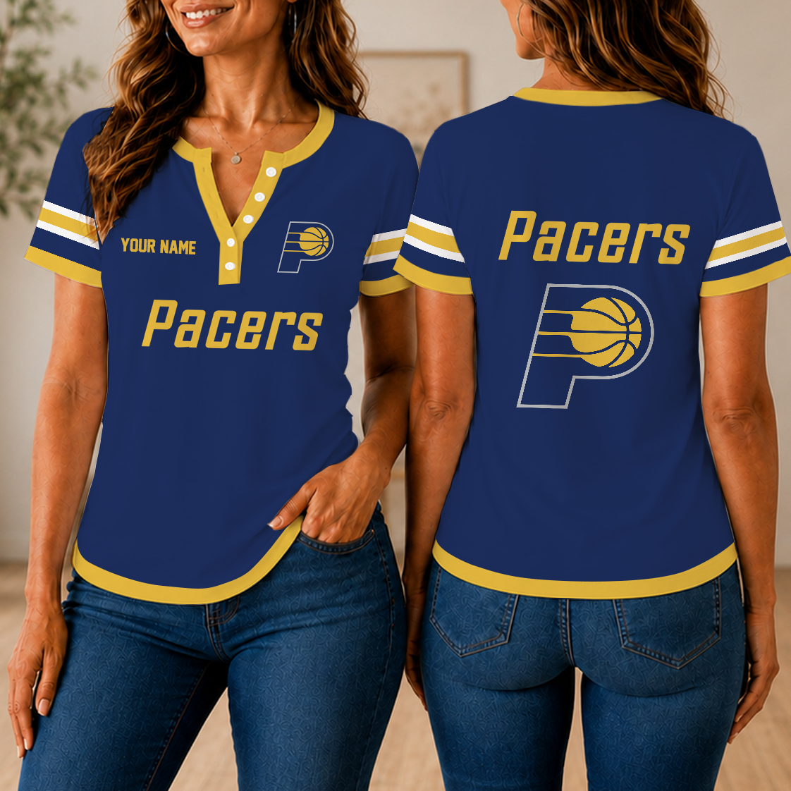 LIMITED EDITION - NEW CUSTOMIZED NBA06 IPA INDIANA PACERS  WOMEN'S SHORT SLEEVE HENLEY T-SHIRT