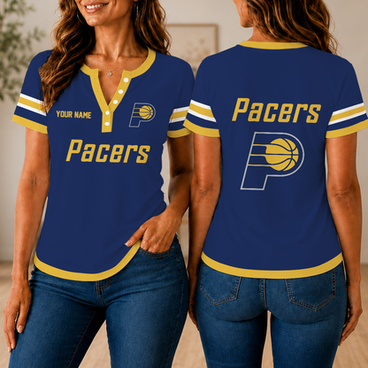 LIMITED EDITION - NEW CUSTOMIZED NBA06 IPA INDIANA PACERS  WOMEN'S SHORT SLEEVE HENLEY T-SHIRT