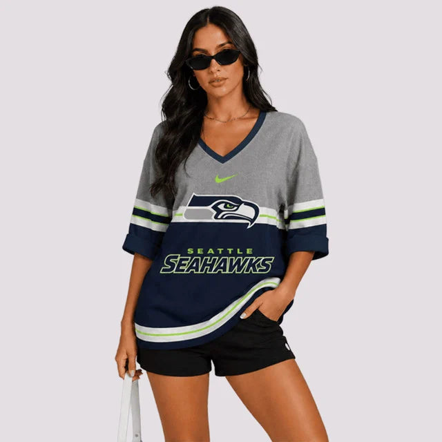 EXCLUSIVE EDITION - NEW CUSTOMIZED | NFL06 SSH SEATLLE SEAHAWKS WOMEN'S HEART V-NECK LONG SLEEVE SHIRT