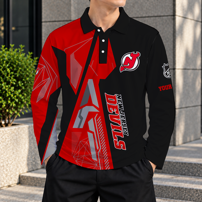LIMITED DROP - NEW CUSTOMIZED NHL06 NJD NEW JERSEY DEVILS MEN LONG SLEEVE POLO