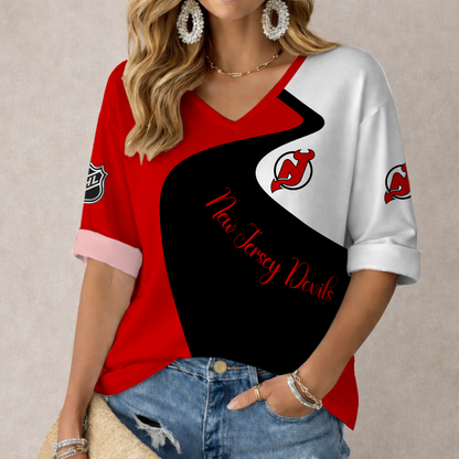 LIMITED EDITION - NEW CUSTOMIZED NHL06 NJD NEW JERSEY DEVILS WOMEN'S V-NECK LONG SLEEVE SHIRT