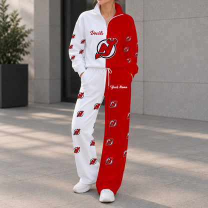 LIMITED EDITION - NEW CUSTOMIZED NHL06 NJD NEW JERSEY DEVILS ZIPPER SWEATSHIRT & WIDE LEG PANTS SET