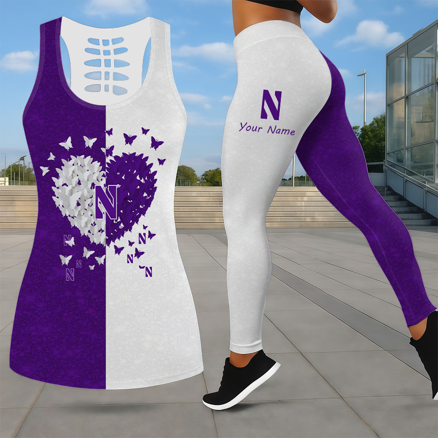 LIMITED EDITION - NEW CUSTOMIZED NCAA CFH06 NOW NORTHWESTERN WILDCATS LEGGINGS & HOLLOW TANK TOP SET