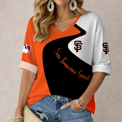 LIMITED EDITION - NEW CUSTOMIZED MLB06 SFG SAN FRANCISCO GIANTS WOMEN'S  V-NECK LONG SLEEVE SHIRT