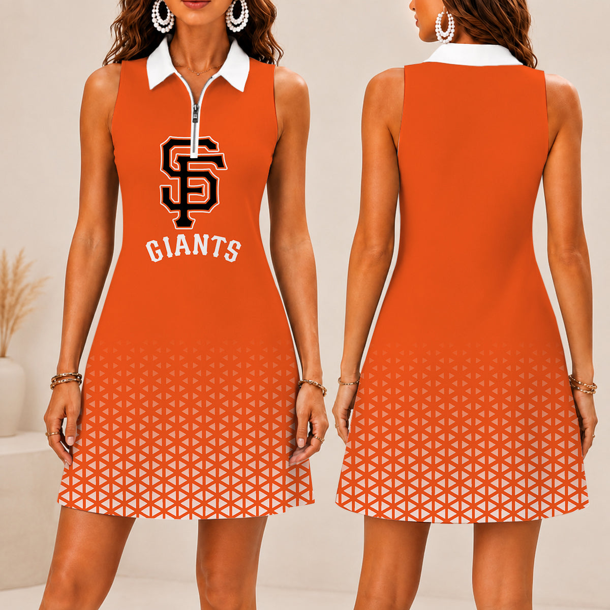 LIMITED EDITION - NEW CUSTOMIZED MLB06 SFG SAN FRANCISCO GIANTS WOMEN'S ZIP SLEEVELESS POLO DRESS
