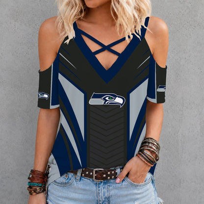 [SPECIAL OFFER] NEW CUSTOMIZED NFL06 SSH SEATTLE SEAHAWKS CRISS CROSS V-NECK TOP