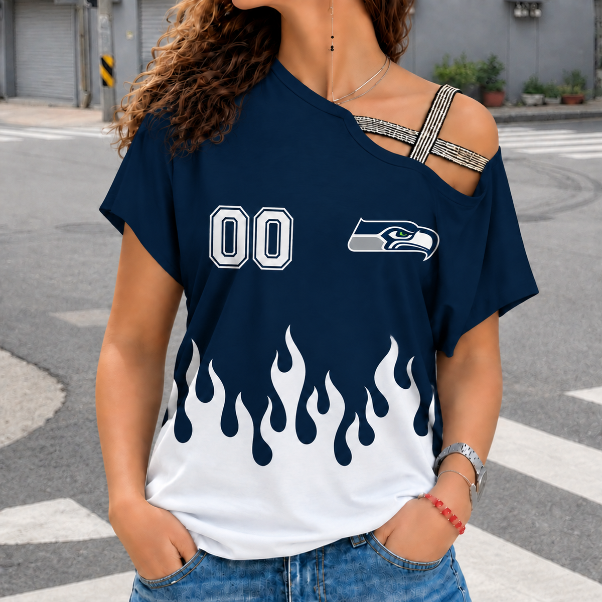 LIMITED EDITION - NEW CUSTOMIZED NFL06 SSH SEATTLE SEAHAWKS WOMEN'S SHOULDER SHIRT