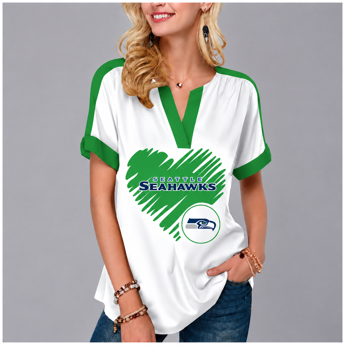 LIMITED EDITION - NEW CUSTOMIZED NFL06 SSH SEATTLE SEAHAWKS V-NECK FEMALE SHIRT