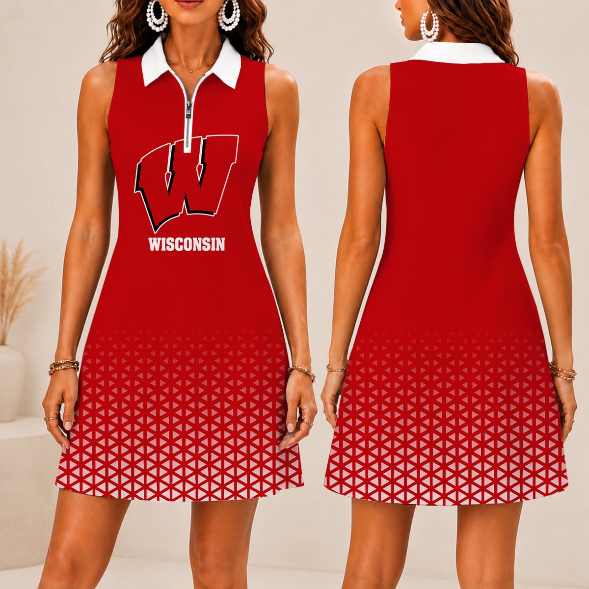 ELITE EDITION - NEW CUSTOMIZED | NCAA MFF06 WSB WISCONSIN BADGERS WOMEN'S ZIP SLEEVELESS POLO DRESS