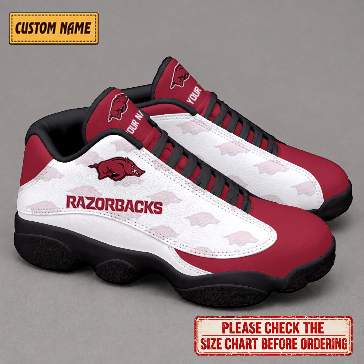 EXCLUSIVE EDITION - NEW CUSTOMIZED NCAA MAM06 AKR ARKANSAS RAZORBACKS AIR JORDAN 13 LOW TOP SNEAKER