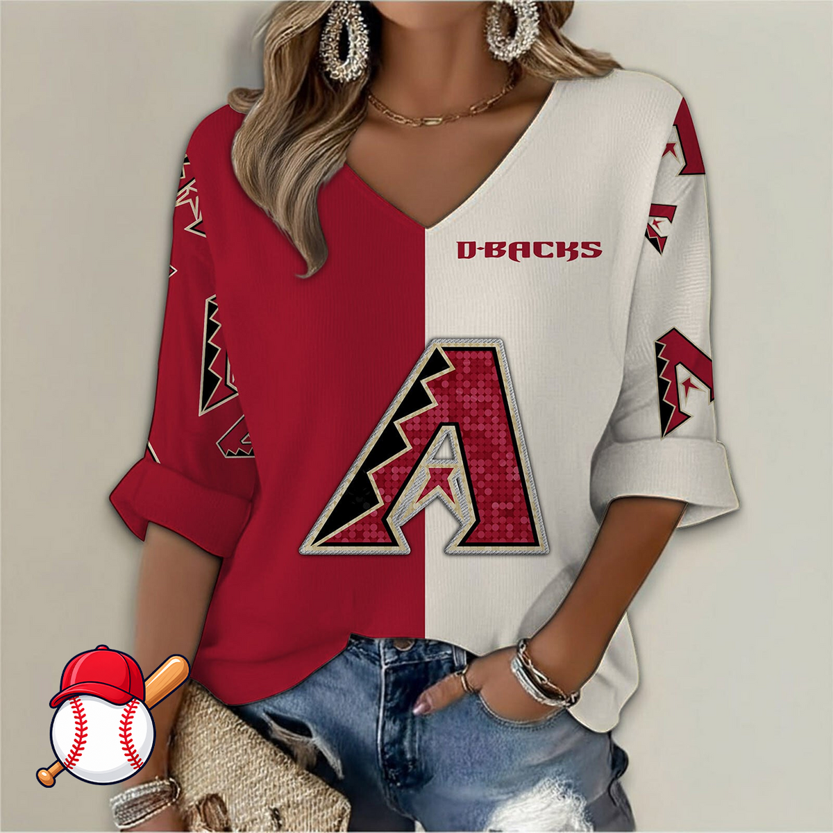 LIMITED EDITION - NEW CUSTOMIZED MLB07 ADS ARIZONA DIAMONDBACKS WOMEN'S  V-NECK LONG SLEEVE SHIRT