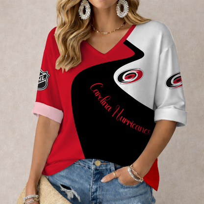 LIMITED EDITION - NEW CUSTOMIZED NHL07 CLH CAROLINA HURRICANES WOMEN'S V-NECK LONG SLEEVE SHIRT