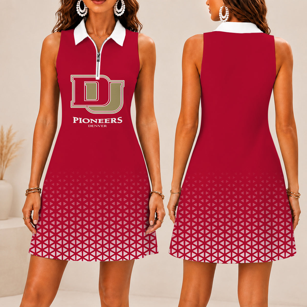ELITE EDITION - NEW CUSTOMIZED | NCAA MFF07 DEP DENVER PIONEERS WOMEN'S ZIP SLEEVELESS POLO DRESS
