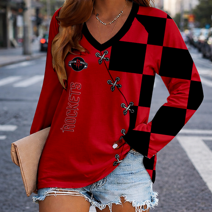 FINAL SALE - NEW CUSTOMIZED NBA07 HRO HOUSTON ROCKETS WOMEN'S V-NECK LONG SLEEVED SHIRT