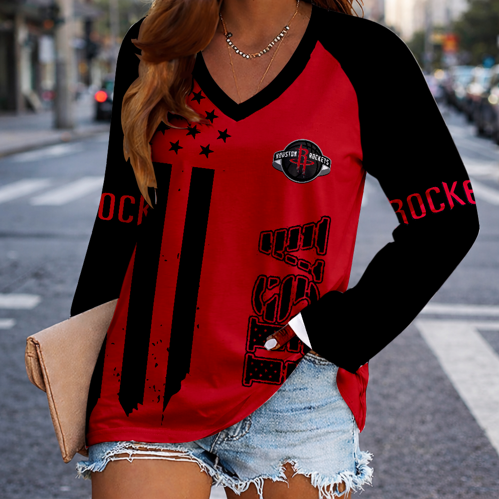 FINAL SALE - NEW CUSTOMIZED NBA07 HRO HOUSTON ROCKETS WOMEN'S V-NECK LONG SLEEVED SHIRT